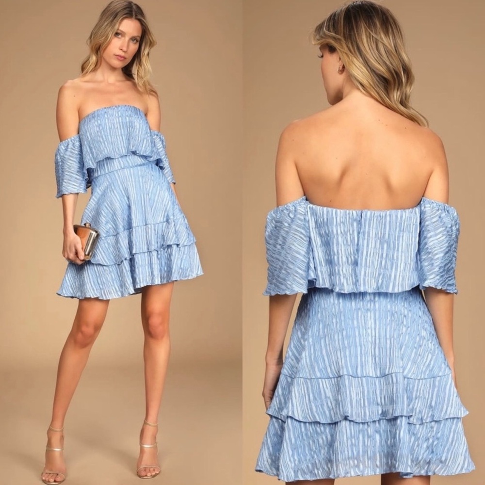 Lulus Dreamy For The Day Blue Off-the-Shoulder Tiered Mini Dress Small NEW